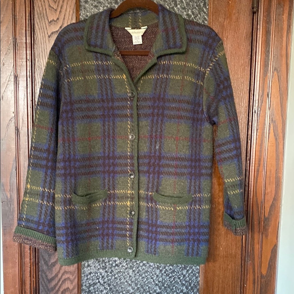 Green and Blue Cardigan Sweater with Full-Length Button Front